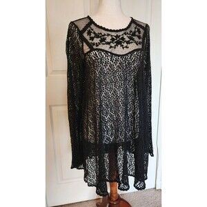 Free People Rodeo Small Black Dress Sheer Beaded Lace Tunic Bell Sleeve Festival